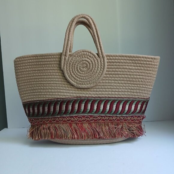 Soft Natural Rope Satchel Tote Bag Rich Circular Handle Embroidery & Fringe - Picture 9 of 9